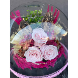 ÖZEL BÜYÜK ÜÇLÜ IŞIKLI PEMBE  SOLMAYAN GÜL